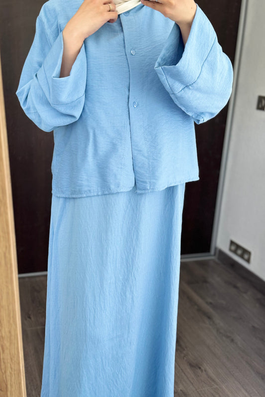 ROBE ALIA BLEUE (Ensemble robe sans manche + gilet 3 boutons dorés)