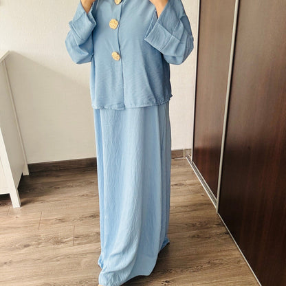 ROBE ALIA BLEUE (Ensemble robe sans manche + gilet 3 boutons dorés)