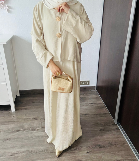 ROBE ALIA BEIGE (Ensemble robe sans manche+ gilet 3 boutons dorés)