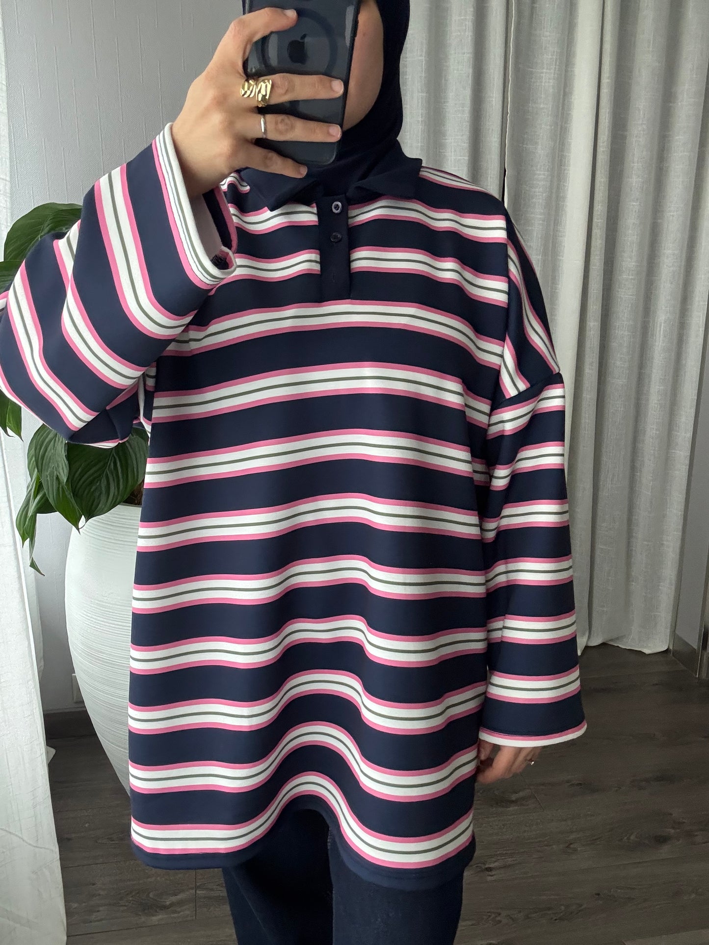 Polo Oversize Rayé Bleu Marine