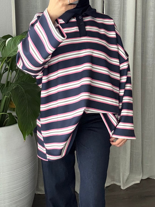 Polo Oversize Rayé Bleu Marine